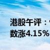 港股午評：恒生指數(shù)漲4.22%，恒生科技指數(shù)漲4.15%